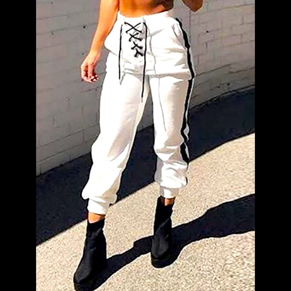 White W/ Black Stripes Black Laced Up Shoestrings Reflective Striped Joggers - Picture 3 of 5